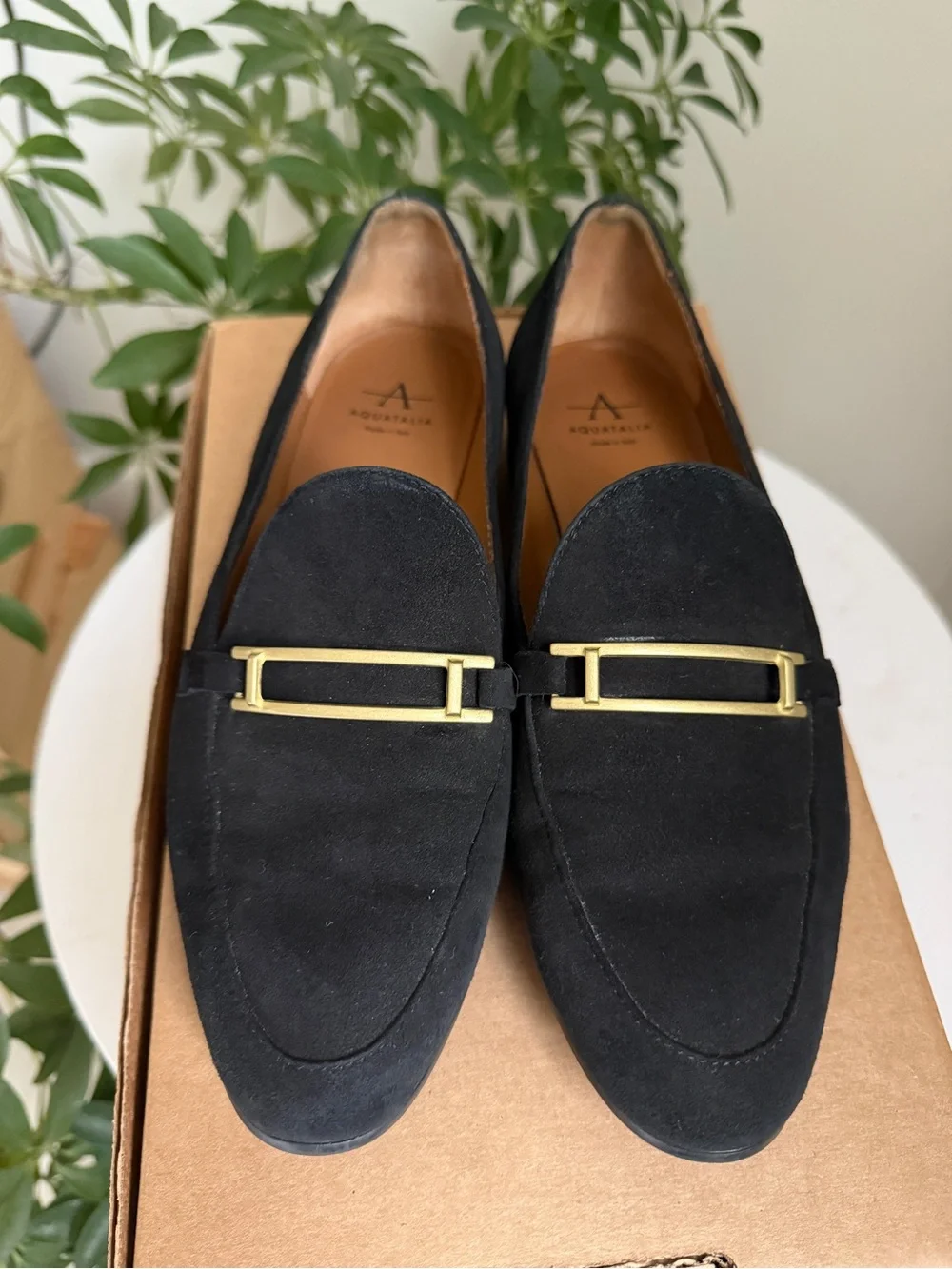 Aquatalia Black Suede Loafers with Gold Accent